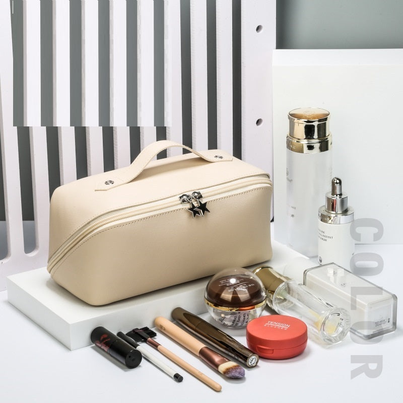 Bolsa de almacenamiento de cosméticos tipo concha de cuero, portátil, para limpieza y viaje