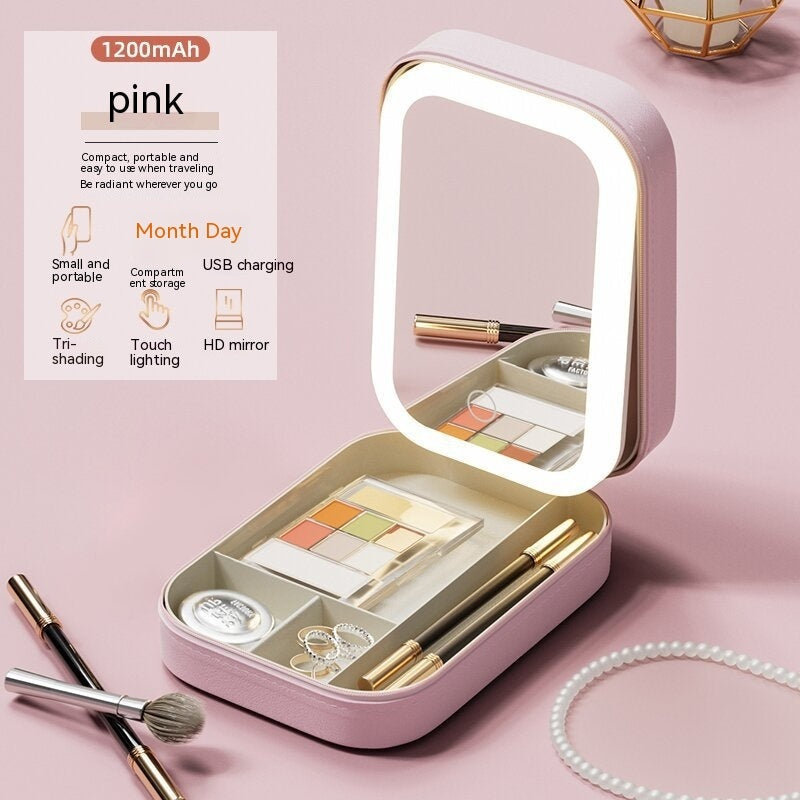 Caja de Almacenamiento de Maquillaje con Espejo de Luz LED, Caja Portátil de Almacenamiento de Cosméticos de Viaje, Organizador de Almacenamiento con Luz Táctil