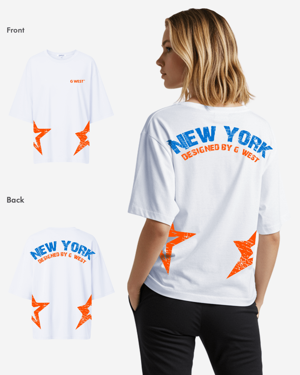 Camiseta extragrande G West para mujer con logo arqueado de Nueva York y estrella