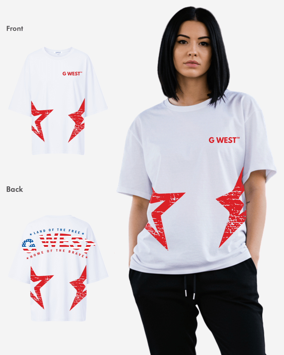 Camiseta de mujer G West extragrande con logo arqueado de la bandera de EE. UU.