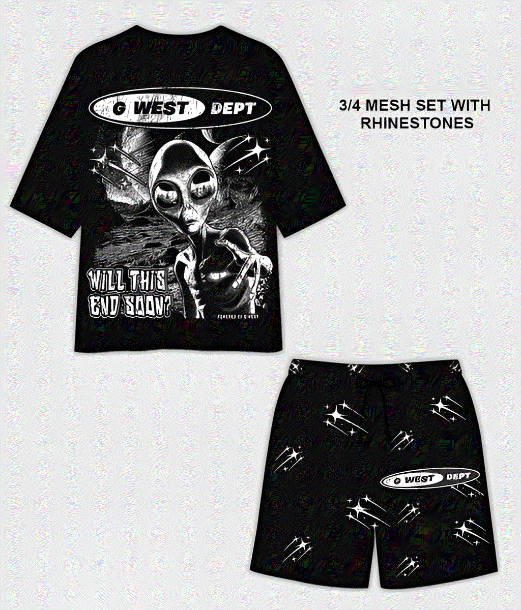 CONJUNTO DE MALLA DE SHORT Y MANGA 3/4 CON PEDRERÍA "NOT MY EARTH" DE G WEST